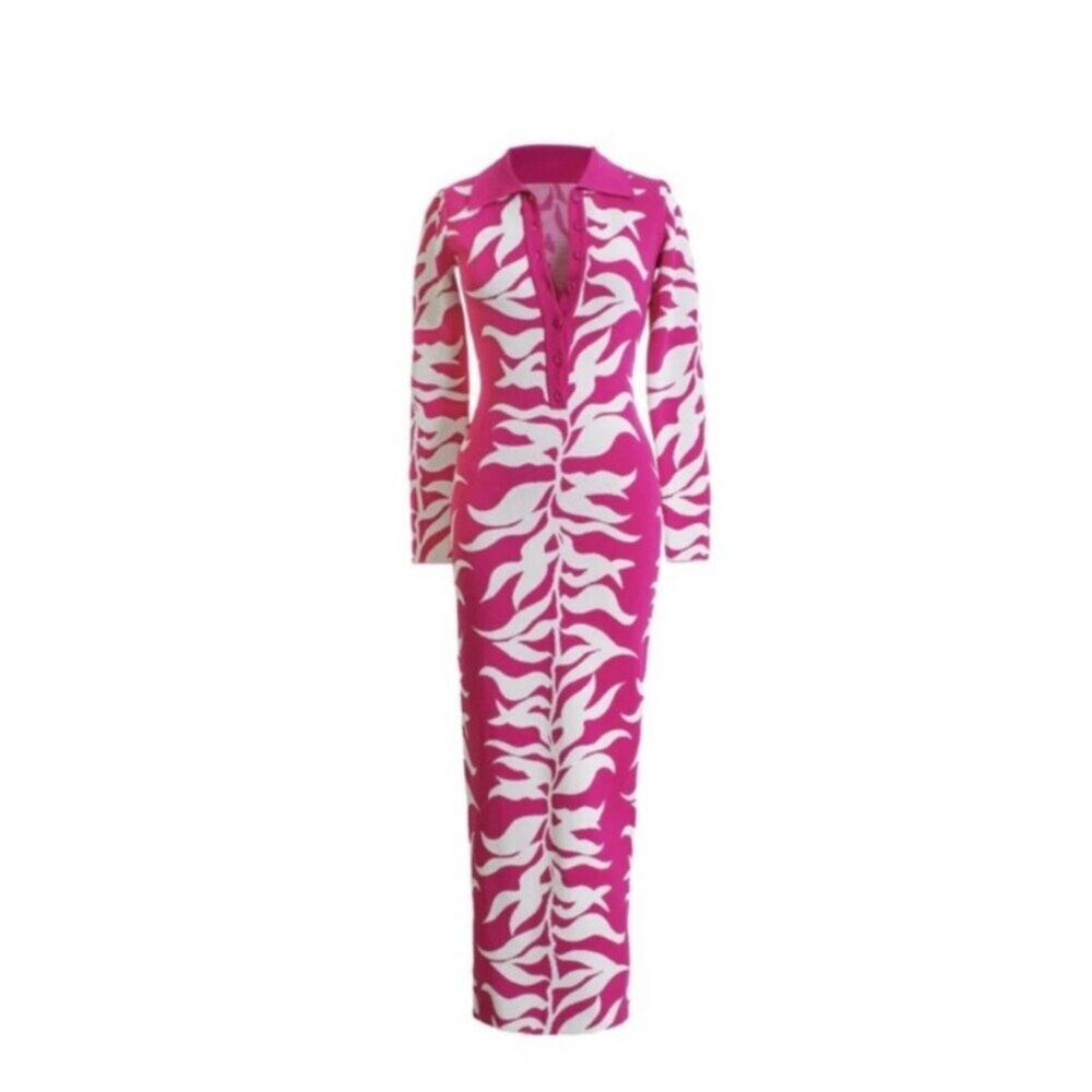 Hanifa Soraya Maxi Pink and White Knit Dress NWT Size L